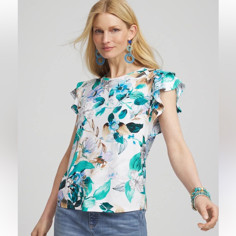 CHICO’s Touch of Cool™ Tropical‎ Flutter Sleeve Tee NWT SIZE L